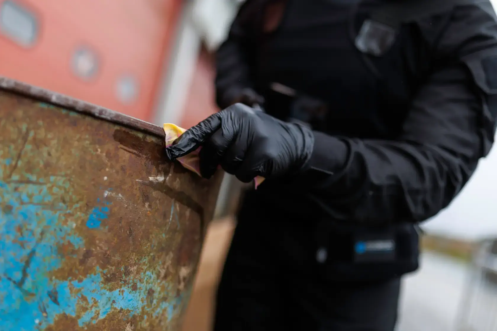 military officer using a nuclear detection wipe to test a drum for contamination